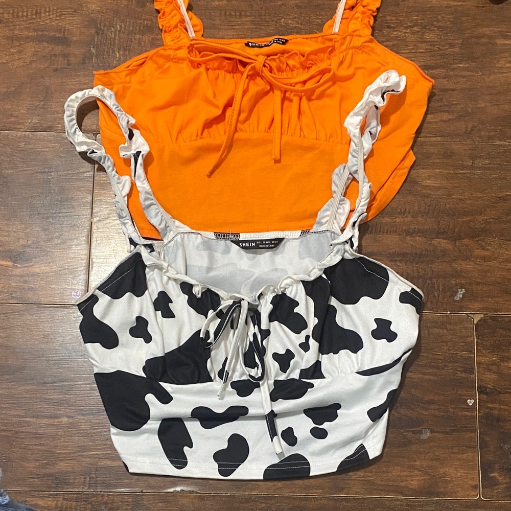 SHEIN Orange and Black-White Patterned Crop Tops